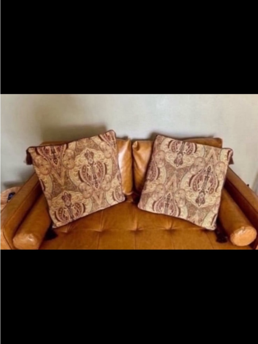 Pair of Pier 1 Paisley Pattern Accent Pillows in Tan and Burgundy